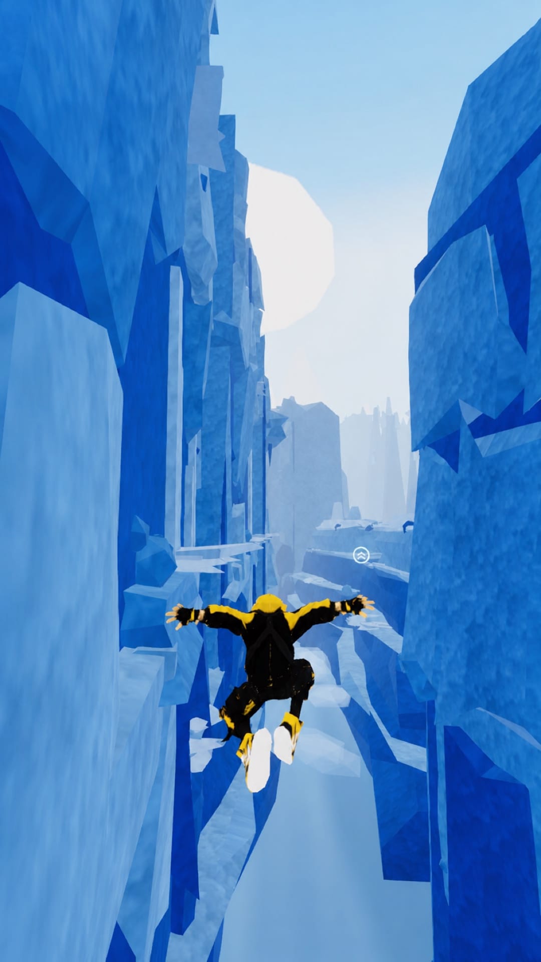 The hero flying arms-out through a canyon of pale blue ice after releasing the hook.