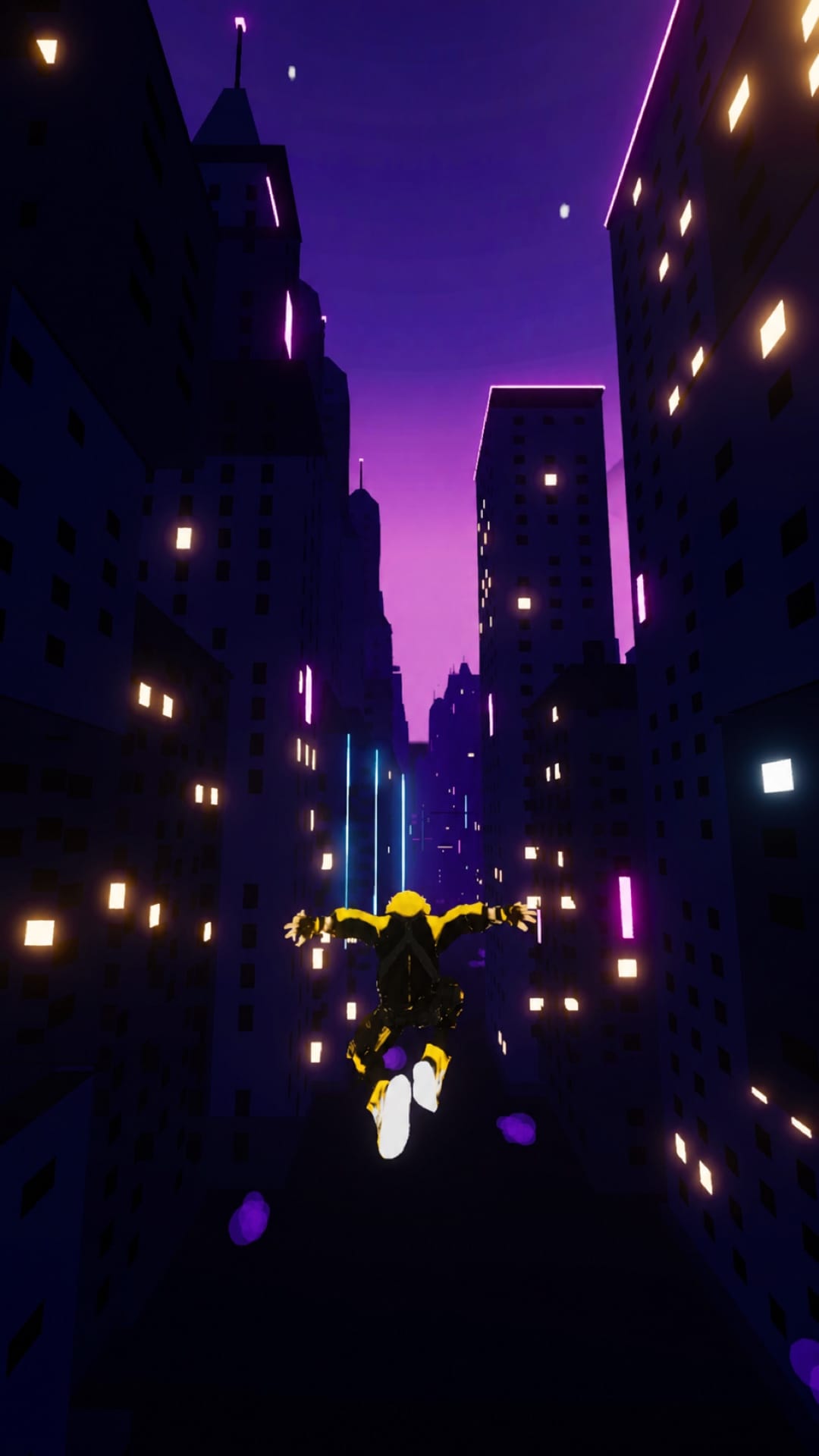 The hero mid-dive down a magenta-and-cyan lit street, just after launching from a rooftop.