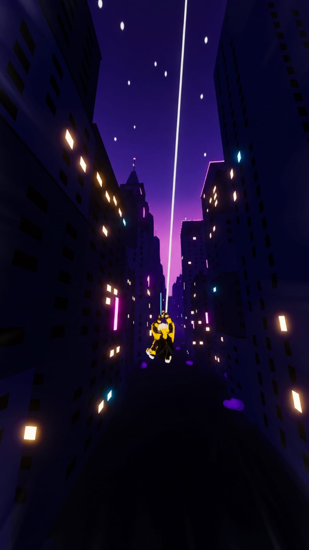 The hero falling between neon-lit skyscrapers, grappling line running up out of frame.