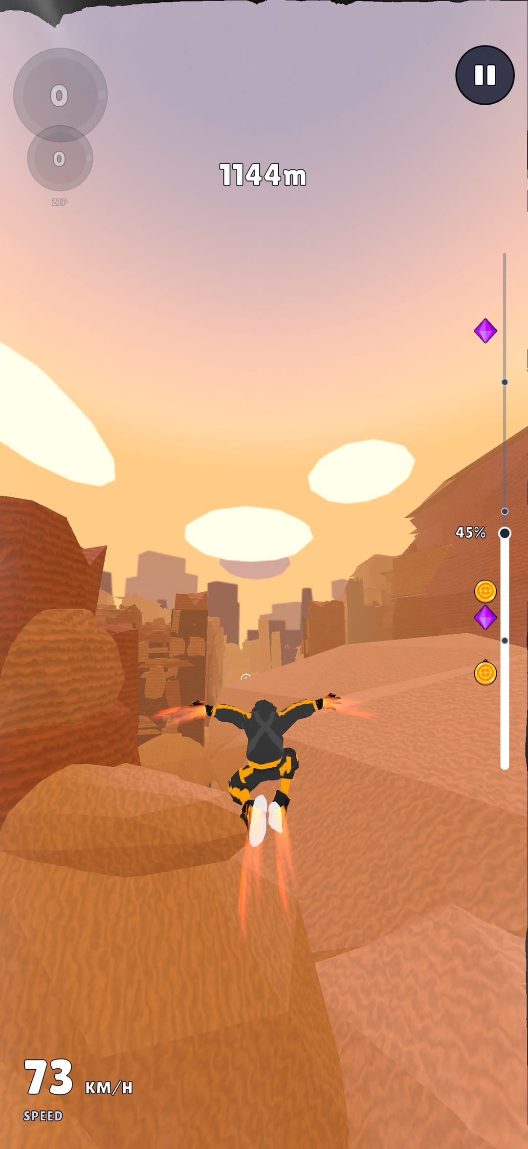 Desert: arms out over sunset dunes, a sandstone city on the horizon below drifting clouds.