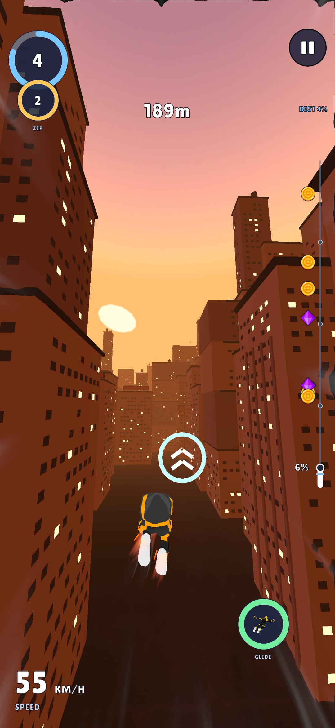 Ember city: gliding down a corridor of rust-red towers with lit windows and a low orange sun.