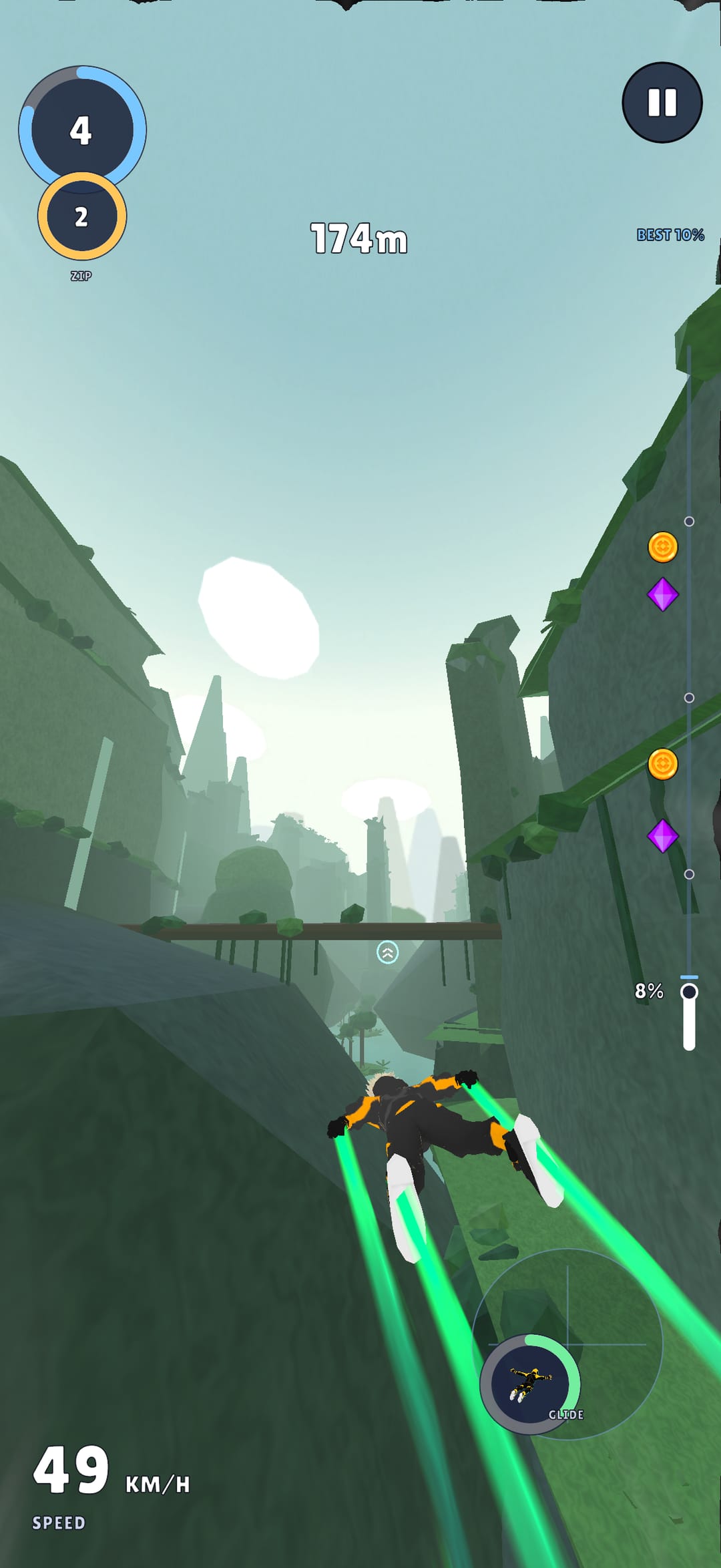 Jungle: swooping through misty green cliffs past a rope bridge.