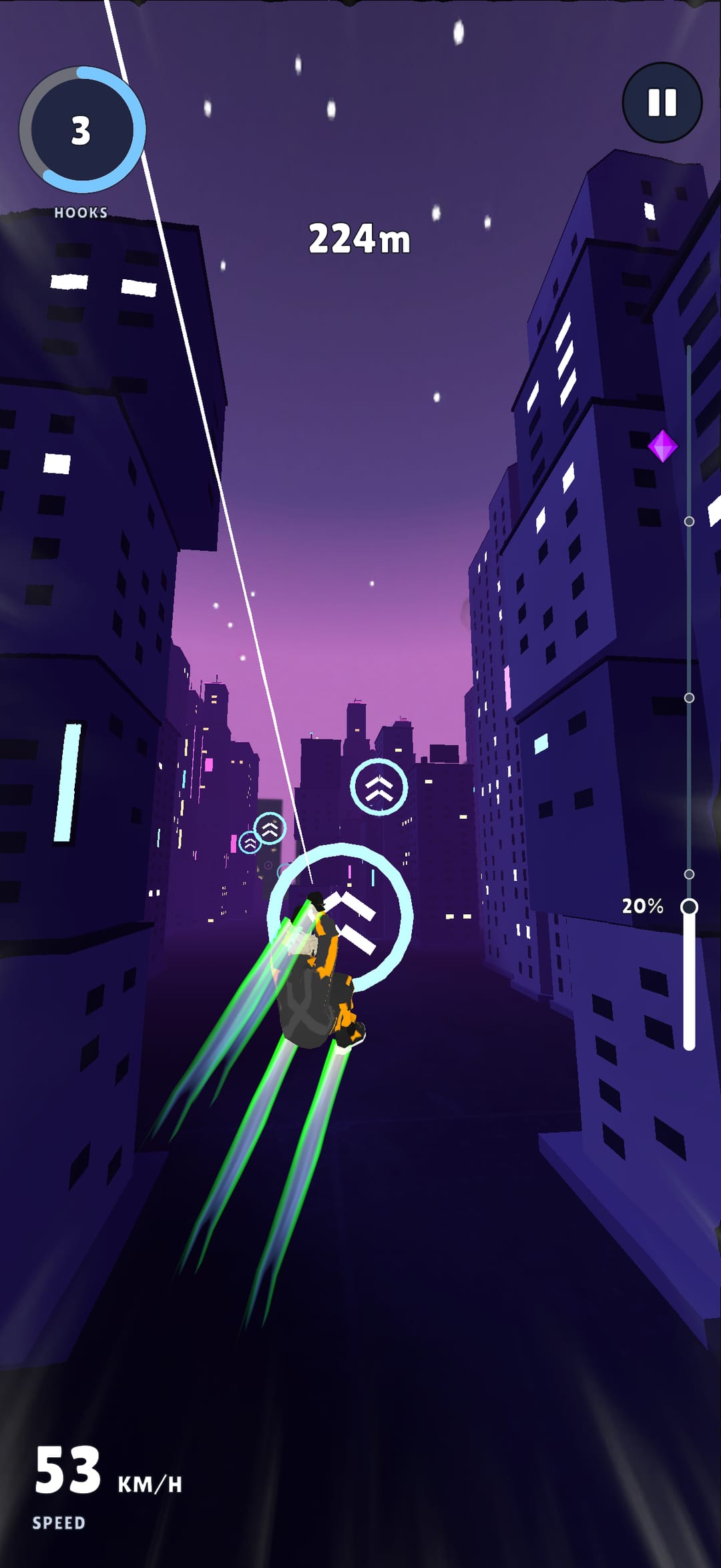 Neon city: the hero streaks down a violet street between lit towers, green speed trails behind.