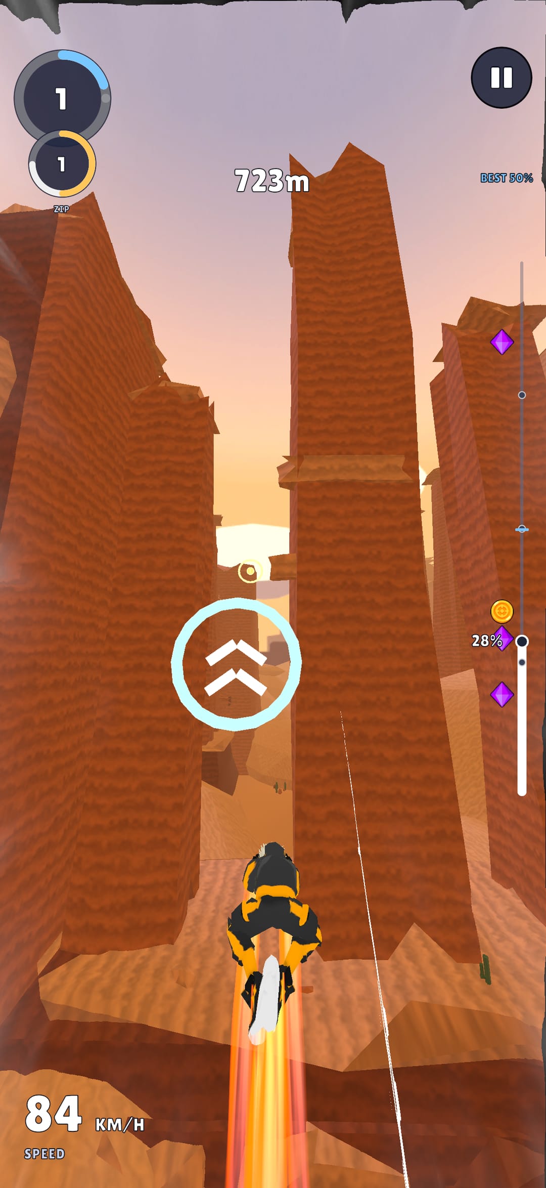 Red canyon: boosting up between towering sandstone pillars toward a hook anchor.