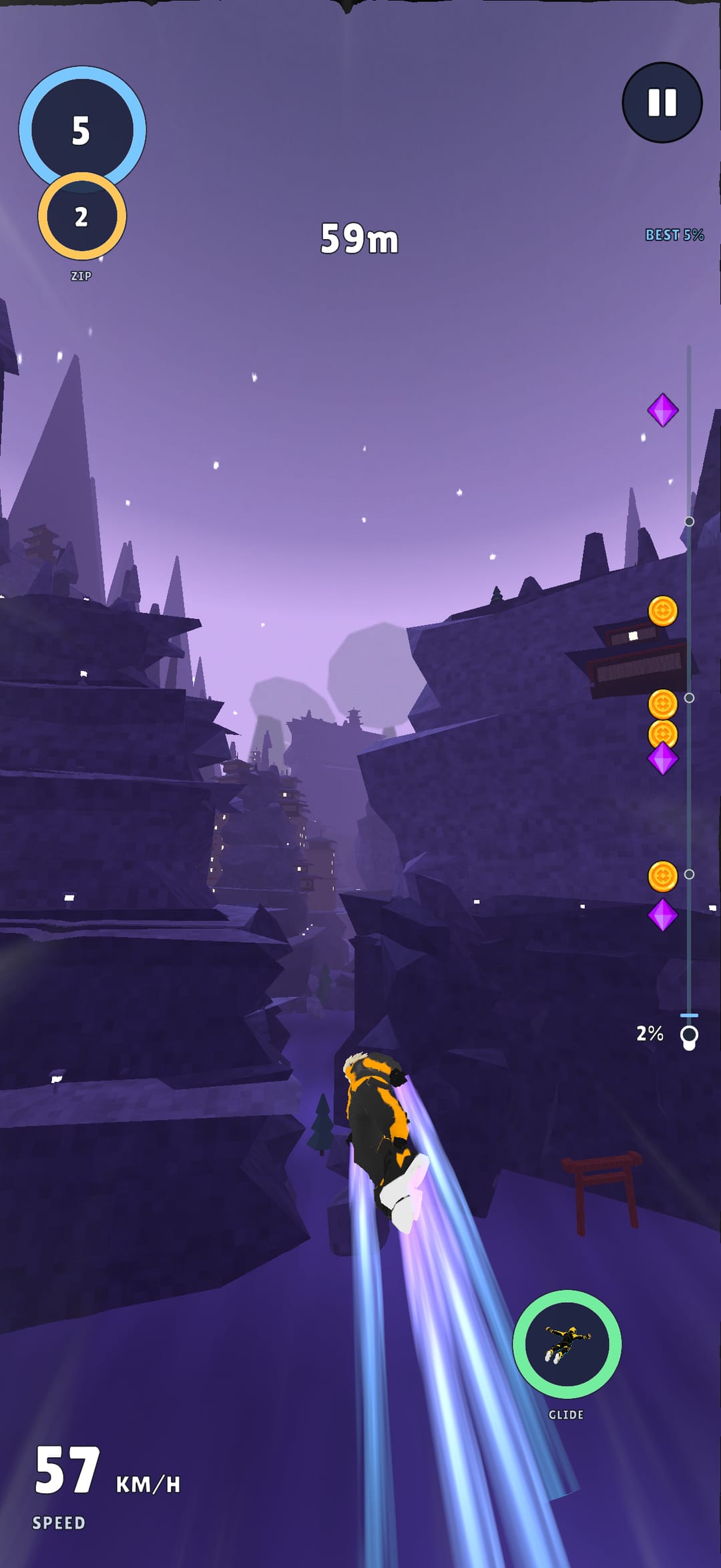 Temple canyon: flying low past pagoda rooftops and a red torii gate under a violet dusk sky.